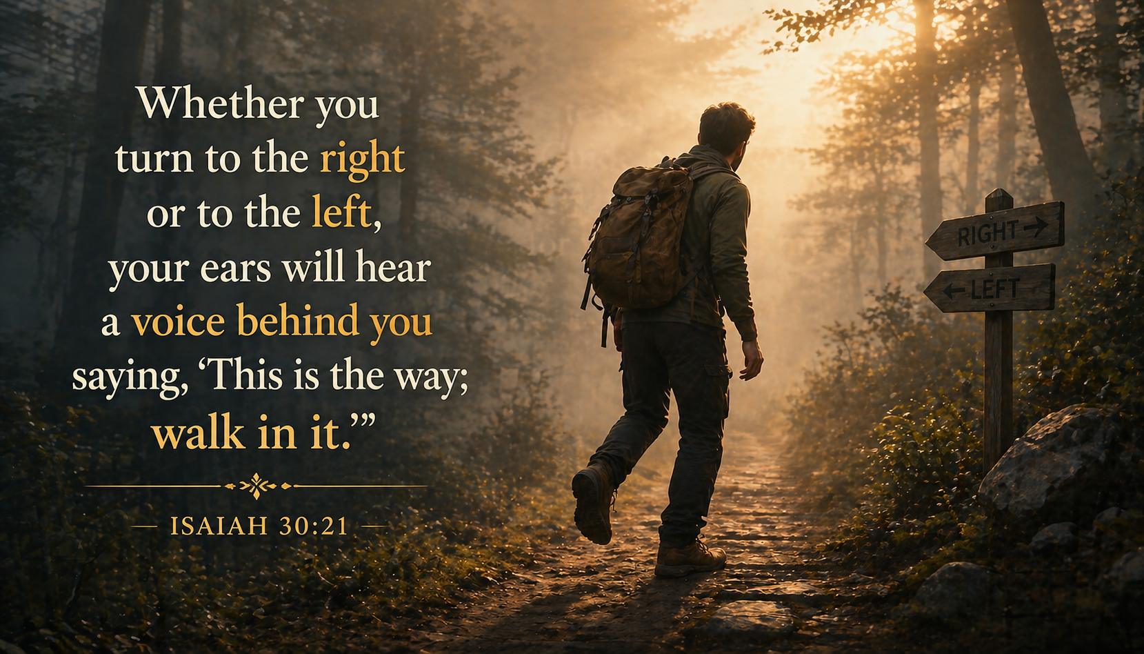 Hiker frozen mid-step on foggy trail hearing a voice — Isaiah 30:21 this is the way walk in it Bible verse wallpaper